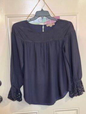 LOFT Navy Eyelet Cuff Long-Sleeve Blouse